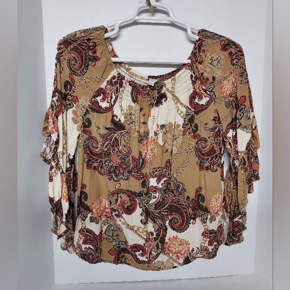 Women's Est.1946 Paisley Ruffle 3/4 Sleeve Blouse Color: Beige/Multi Size: L